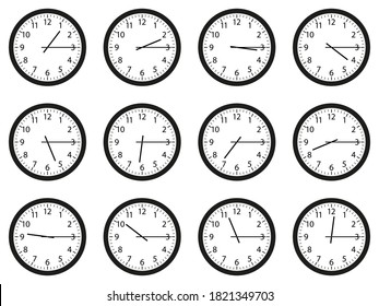 Set of analog wall clocks with black frame and hands. Flat style vector illustration. Simple classic round wall clock with Arab numbers isolated on white background. Quarter past every hour