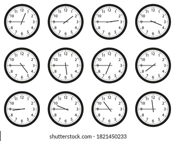 Set of analog wall clocks with black frame and hands. Flat style vector illustration. Simple classic round wall clock with Arab numbers isolated on white background. Quarter to every hour