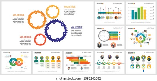 Set of analysis concept infographic charts. Can be used for workflow layout, annual report, presentation slide, web design. Business and accounting concept with process, timeline and cog wheel chart
