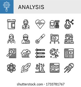 Set of analysis icons. Such as Process, Urine, Reporter, Heart rate, Review, Flask, Doctor, Broker, Pipette, Data, System, Market analysis, Analysis, Information , icons