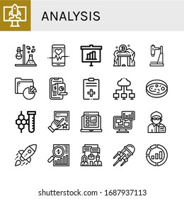 Conjunto de iconos de análisis. Tales como Startup, Test tube, Heart rate, Statistics, Data Mine, Research, Analysis, Report, Cloud network, Sample, Chemistry, Evaluation , iconos de análisis