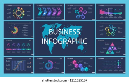 Set of analysis or statistics concept infographic charts. Business diagrams for presentation slide templates. For corporate report, advertising, banner and brochure design.