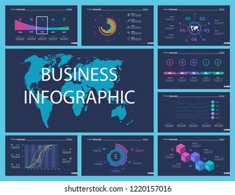 Set of analysis or statistics concept infographic charts. Business diagrams for presentation slide templates. For corporate report, advertising, banner and brochure design.