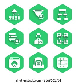 Set Analyst engineer, Hangar with servers, Processor CPU, Hierarchy organogram chart, Failed access cloud storage, Server and gear,  and Computer network icon. Vector