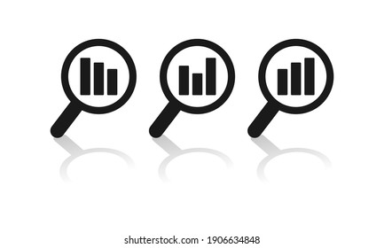 Set Of Analytic Icon. Finance Monitoring. Analysis And Statistics Data Sign. Magnifying Glass With Bar Graph. Illustration Vector