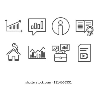 Set of Analytical chat, Diploma and Business portfolio icons. Chart, Infochart and Video file signs. Communication speech bubble, Document with badge, Job interview. Vector
