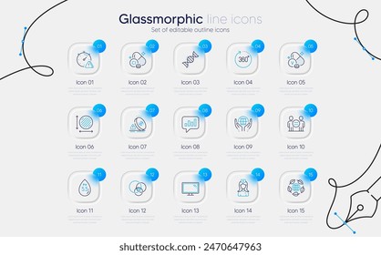 Conjunto de chat analítico, ecológicos y orgánicos probados iconos de línea para el App de Web. Área del círculo, Ética, Iconos minerales de cloro. Ph neutro, enfermera del hospital, signos de inflación. 360 grados. Vector
