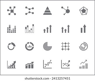 Set of analytics and chart icons line style. It contains such Icons analysis, data, business, investment, pie chart, graph, bar graph, cluster and other elements.