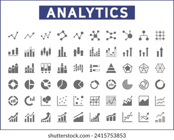 Set of analytics and chart icons line style. It contains such Icons analysis, data, business, investment, pie chart, graph, bar graph, cluster and other elements.