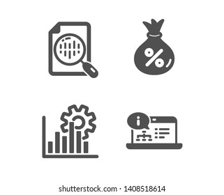 Set of Analytics chart, Seo graph and Loan icons. Online documentation sign. Report analysis, Analytics chart, Money bag. Web engineering.  Classic design analytics chart icon. Flat design. Vector