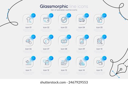 Set of Analytics graph, Wallet and Money currency line icons for web app. Graph phone, Audit, Increasing percent icons. Growth chart, Pound money, Free delivery signs. Clipboard, InflationLock. Vector