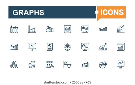 Set of Analytics Graphs line icons. Containing bar, progress, marketing, element, business and more. Set of line pictogram. Solid line editable stroke. Vector line and solid icons.