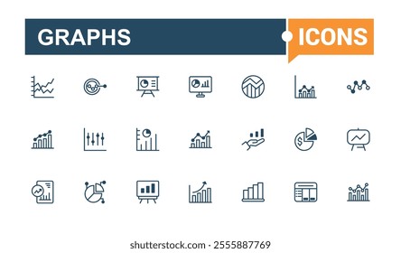 Set of Analytics Graphs line icons. Containing bar, progress, marketing, element, business and more. Set of line pictogram. Solid line editable stroke. Vector line and solid icons.