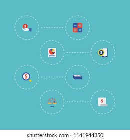 Set of analytics icons flat style symbols with financial report, hand money, pie chart icons for your web mobile app logo design.