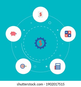 Set of analytics icons flat style symbols with calculator, piggy bank, goal and other icons for your web mobile app logo design.