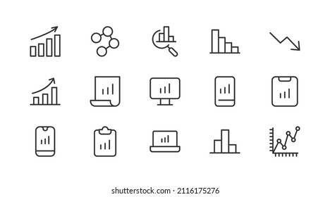 Set of analytics line icons. Premium pack of signs in trendy style. Pixel perfect objects for UI, apps and web. 