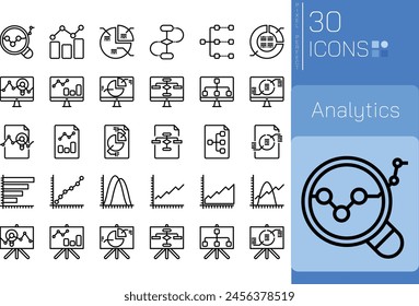 Set of Analytics Outline icons in linear style. User opinion and survey. Outline icon collection. Conceptual pictogram and infographic.