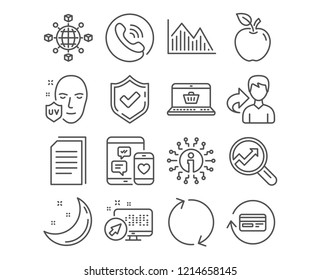 Set of Analytics, Refresh and Logistics network icons. Online shopping, Refund commission and Copy files signs. Investment graph, Social media and Uv protection symbols. Analytics vector
