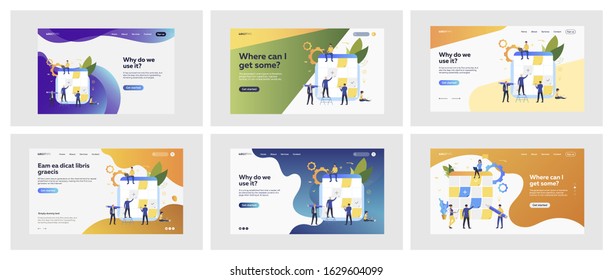 Set of analyzing business and planning. Flat vector illustrations of men and women using task boards. Optimization and cooperation concept for banner, website design or landing web page