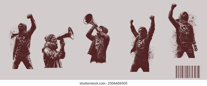 set of anarchy protestor raised hand, talk on megaphone. grunge photocopy effect. isolated background.