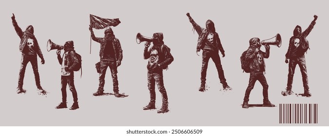 set of anarchy protestor raised hand, talk on megaphone. grunge photocopy effect. isolated background.