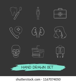 Set of anatomical icons line style symbols with dental mirror, cheat meal, skull and other icons for your web mobile app logo design.