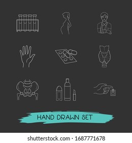 Set of anatomical icons line style symbols with pills, palm, thyroid and other icons for your web mobile app logo design.