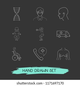 Set of anatomy icons line style symbols with human head, fitness, disability and other icons for your web mobile app logo design.
