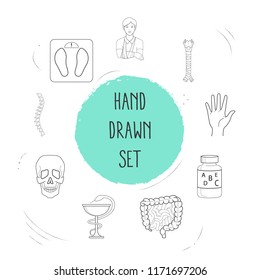 Set of anatomy icons line style symbols with skull, spine, patient with bandage icons for your web mobile app logo design.