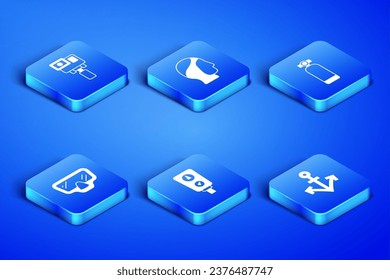 Set Anchor, Action extreme camera, Gauge scale, Diving mask, hood and Aqualung icon. Vector