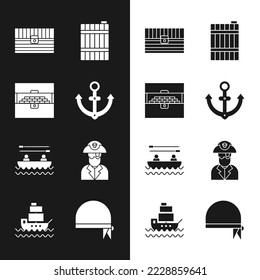 Set Anchor, Antique treasure chest, Wooden barrel, Boat with oars, Pirate captain, bandana for head and Ship icon. Vector