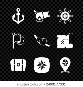 Poner Ancla, Cañón, Volante de dirección de barco, Cofre del tesoro antiguo, rosa del viento, Pirata de ubicación, bandera pirata y icono del parche de ojos. Vector