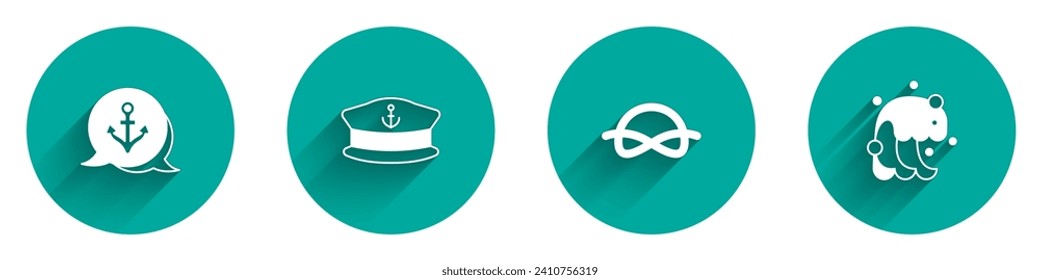 Ponga Anchor, sombrero Capitán, nudos de cuerda náutica e icono del tsunami con una sombra larga. Vector