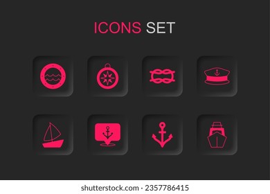 Set Anchor, Compass, Ship porthole, Captain hat, Yacht sailboat, Nautical rope knots and  icon. Vector