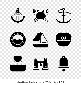 Set Anchor, Crab, Sun, Binoculars, Ship bell, porthole and Yacht sailboat icon. Vector