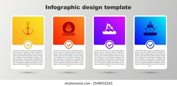 Anclaje, crucero, isla tropical en el océano y . Plantilla de infografía de negocios. Vector