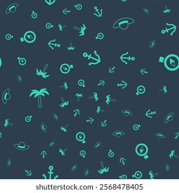 Set Anchor, Elegant women hat, Tropical palm tree and Compass on seamless pattern. Vector