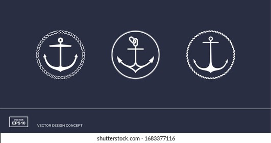 Set of anchor emblems with circular rope frame. Modern minimal flat design style. Simple logotype templates. Vector illustration.