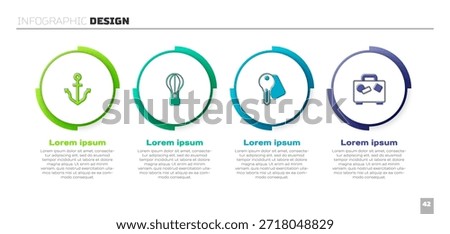 Set Anchor, Hot air balloon, Hotel door lock key and Suitcase. Business infographic template. Vector