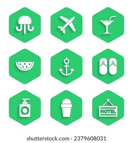 Set Anchor, Ice cream in waffle cone, Signboard with text Hotel, Flip flops, Sunscreen spray bottle, Watermelon, Martini glass and Jellyfish icon. Vector