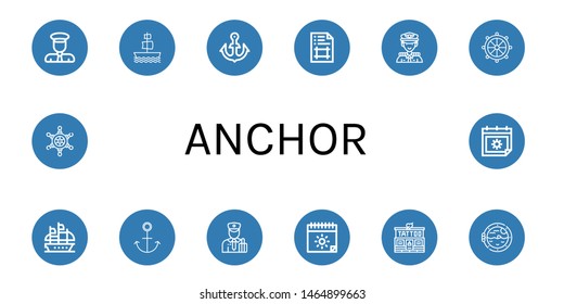 Set of anchor icons such as Captain, Galleon, Anchor, Artboard, Helm, Customs, Summer, Tattoo studio, Boat porthole , anchor