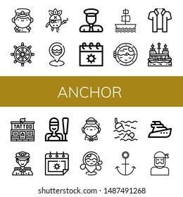 Set of anchor icons such as Captain, Helm, Pirate, Sea, Summer, Galleon, Boat porthole, Hawaiian, Pirate ship, Tattoo studio, Sailing, Sailor, Beach, Anchor, Yatch , anchor