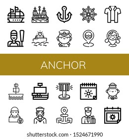Set of anchor icons. Such as Galleon, Sailing, Pirate ship, Yatch, Anchor, Captain, Helm, Sea, Hawaiian, Beach, Pirate, Caravel, Sailor, Bollard, Summer, Customs , anchor icons