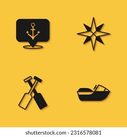 Set Anchor, Jet ski, Crossed oars paddles boat and Wind rose icon with long shadow. Vector