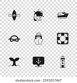 Set Anchor, Lifebuoy, Lighthouse, Yacht sailboat, Speedboat, Kayak and paddle, Tsunami and Nautical rope knots icon. Vector