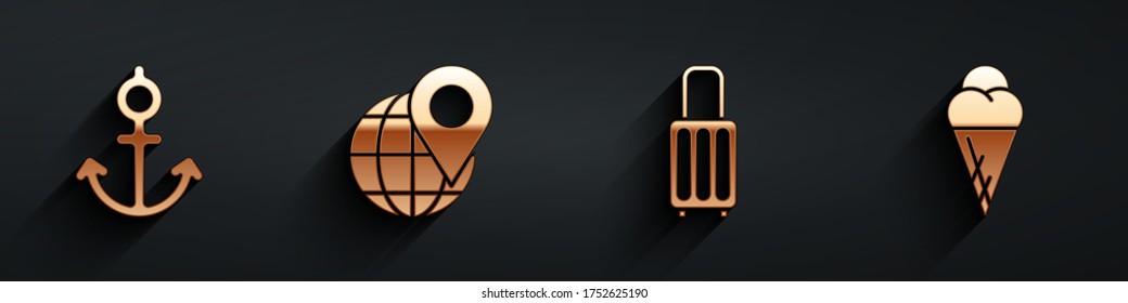 Set Anchor, Location on the globe, Suitcase and Ice cream in waffle cone icon with long shadow. Vector