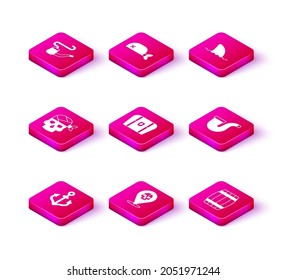 Set Anchor, Location pirate, Pirate captain, Antique treasure chest, Wooden barrel, Smoking pipe, Shark fin ocean wave and bandana for head icon. Vector
