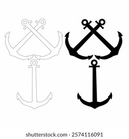 Set of anchor logos in clean, crossed designs, available in outline and silhouette styles