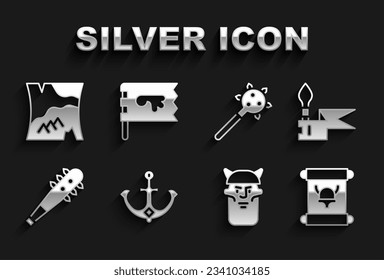 Encuadernación, lanza medieval, decreto, pergamino, pergamino, cabezal de viking, encaje con puntas, mapa doblado e icono de bandera. Vector