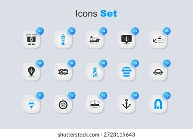 Ancla de conjunto, nudos de cuerda náutica, faro, campana de barco, bote inflable con motor, binoculares e icono. Vector